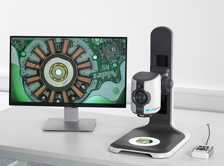 Electronic PCB component shown magnified on monitor using EVO-Cam II digital microscope