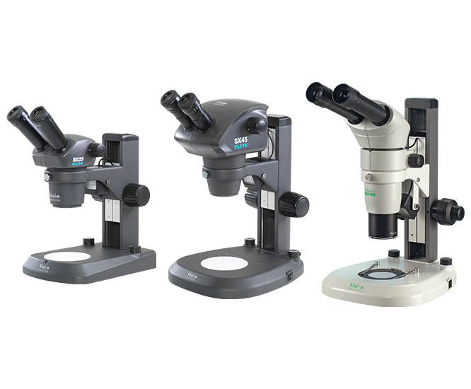 SX25 ,SX45 and SX80 stereo microscopes in a row