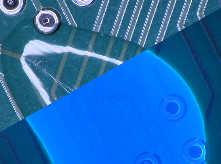PCB under UV fluorescing light